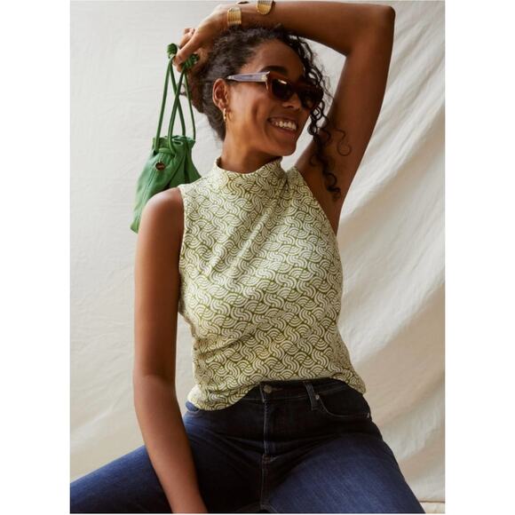 Maeve Structured Mock Neck Top Size M Green Motif Geometric Mod Anthropologie - Picture 4 of 14